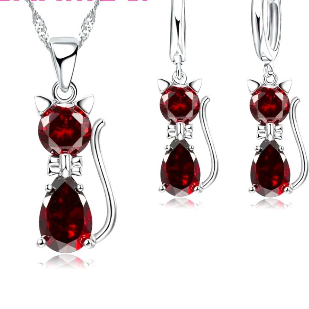 4pc Bundle Sale Red Diamond Kitty Pendant And Earrings 18 Chain 925 Silver 42$